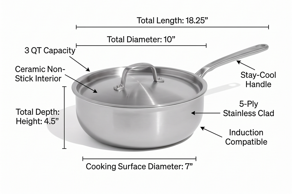 Made In Cookware - 3 QT Ceramic Non Stick Saucier with Lid - 5-Ply Stainless Clad with Stay-Cool Handle - Professional Cookware - Crafted in Italy - Induction Compatible