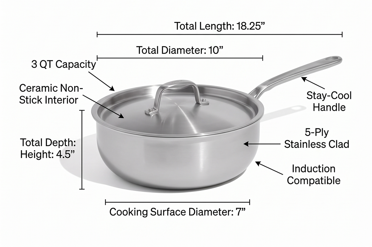 Made In Cookware - 3 QT Ceramic Non Stick Saucier with Lid - 5-Ply Stainless Clad with Stay-Cool Handle - Professional Cookware - Crafted in Italy - Induction Compatible