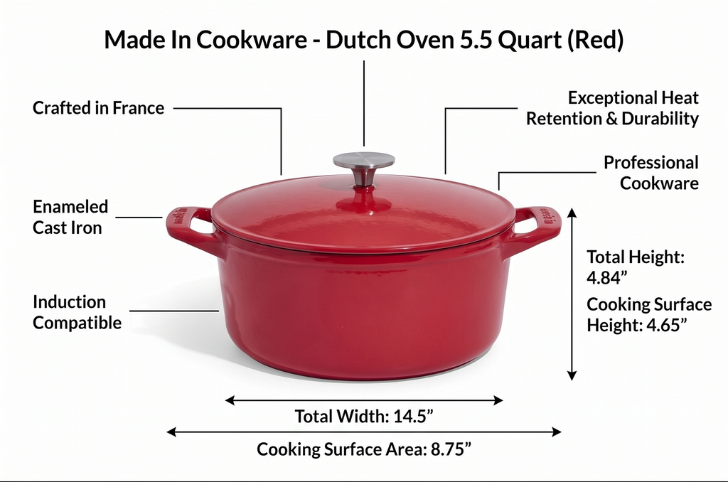 Made In Cookware - Dutch Oven 5.5 Quart (Red) - Enameled Cast Iron - Exceptional Heat Retention & Durability - Professional Cookware - Crafted in France - Induction Compatible