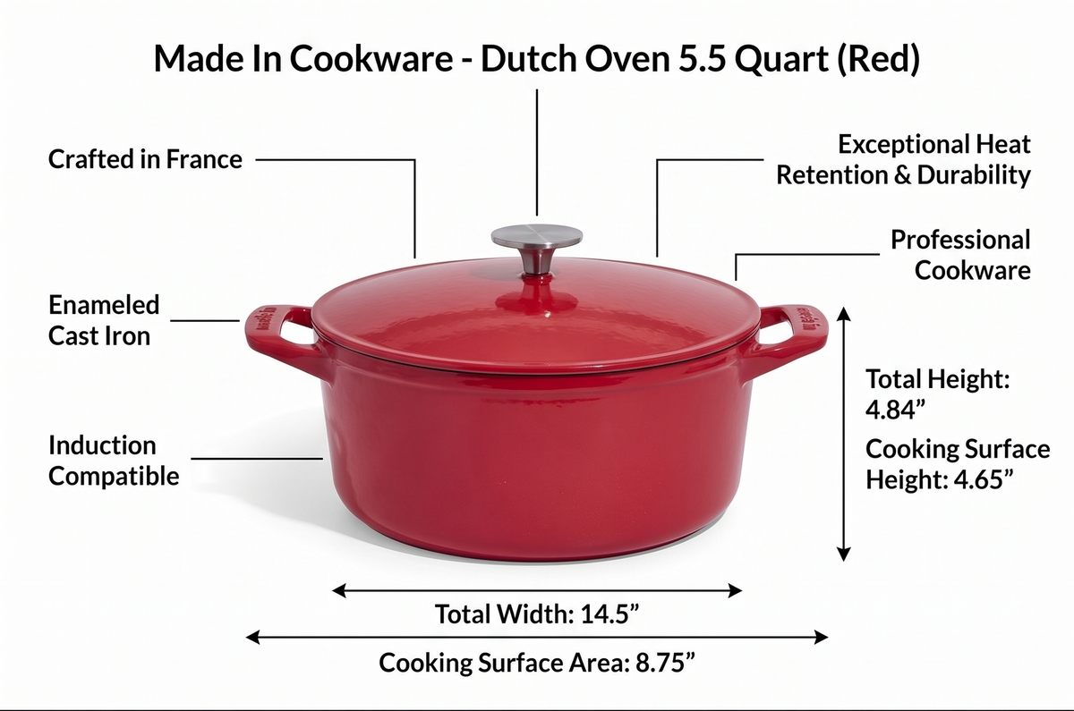Made In Cookware - Dutch Oven 5.5 Quart (Red) - Enameled Cast Iron - Exceptional Heat Retention & Durability - Professional Cookware - Crafted in France - Induction Compatible