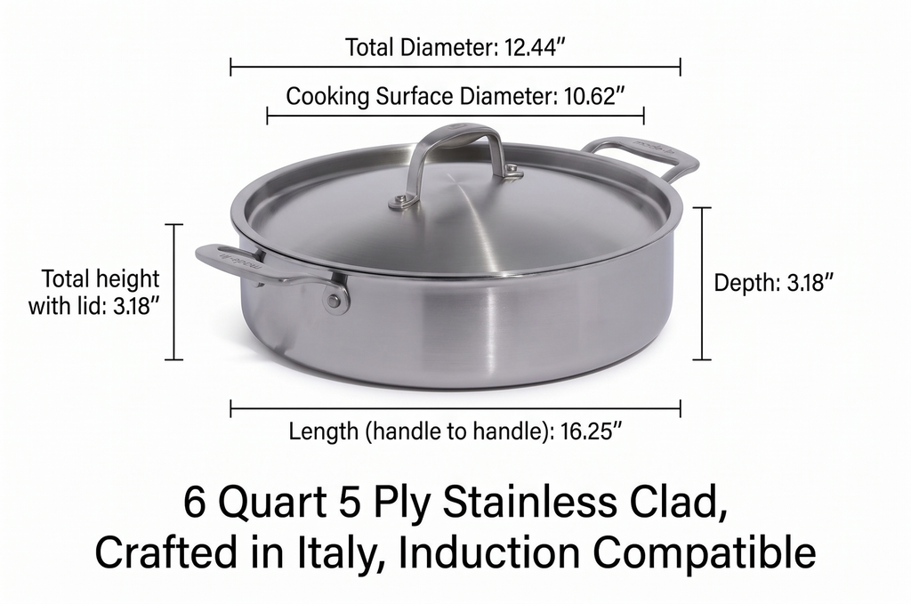 Made In Cookware - 6 Quart Stainless Steel Rondeau Pot w/Lid - 5 Ply Stainless Clad - Professional Cookware - Crafted in Italy - Induction Compatible