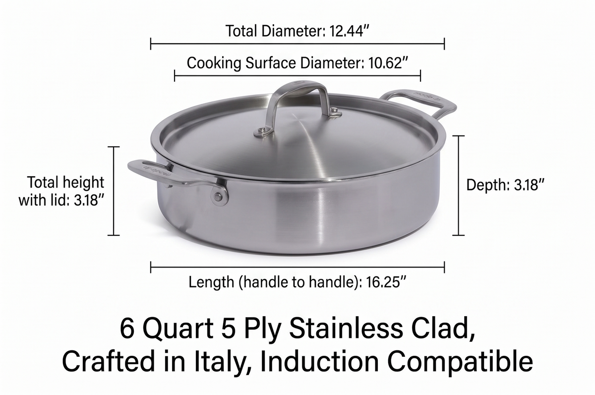 Made In Cookware - 6 Quart Stainless Steel Rondeau Pot w/Lid - 5 Ply Stainless Clad - Professional Cookware - Crafted in Italy - Induction Compatible