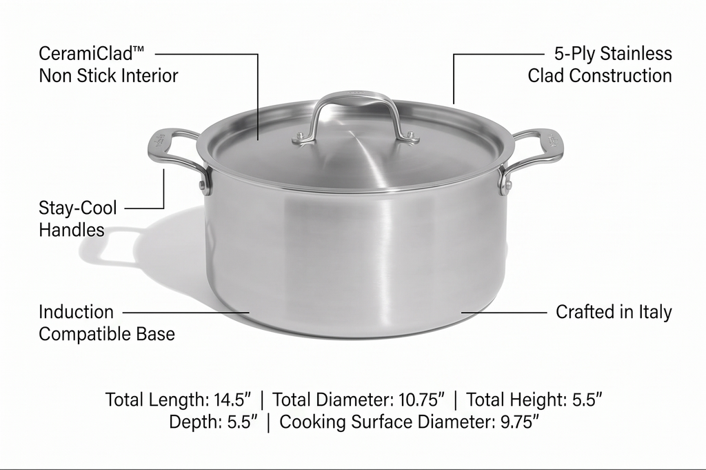 Made In Cookware - 8 QT CeramiClad Non Stick Stock Pot with Lid - 5-Ply Stainless Clad with Stay-Cool Handle - Professional Cookware - Crafted in Italy - Induction Compatible