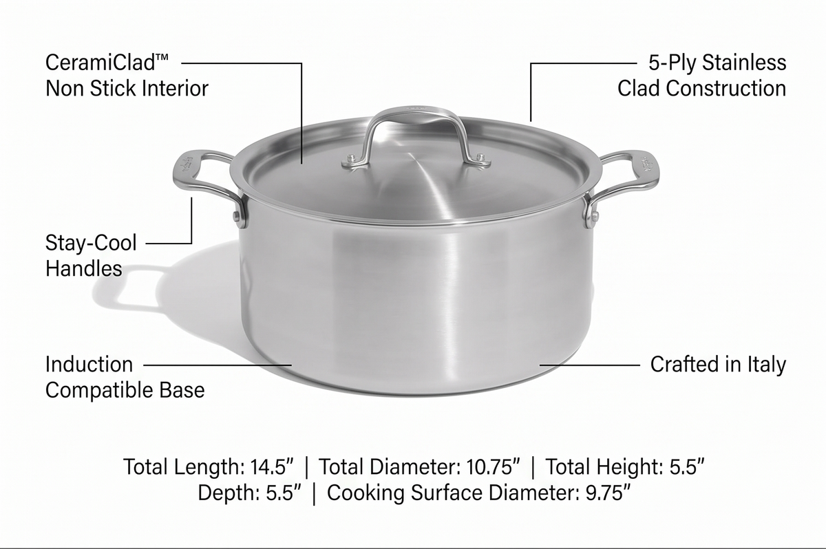 Made In Cookware - 8 QT CeramiClad Non Stick Stock Pot with Lid - 5-Ply Stainless Clad with Stay-Cool Handle - Professional Cookware - Crafted in Italy - Induction Compatible
