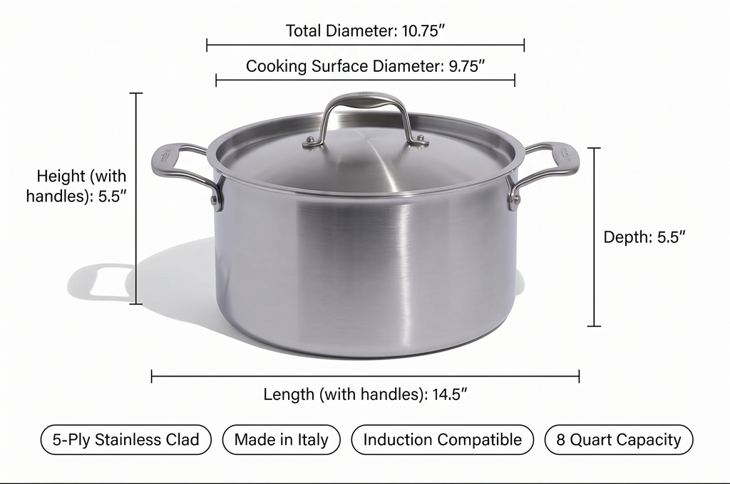 Made In Cookware - 8 Quart Stainless Steel Stock Pot With Lid - 5 Ply Stainless Clad - Professional Cookware - Crafted in Italy - Induction Compatible