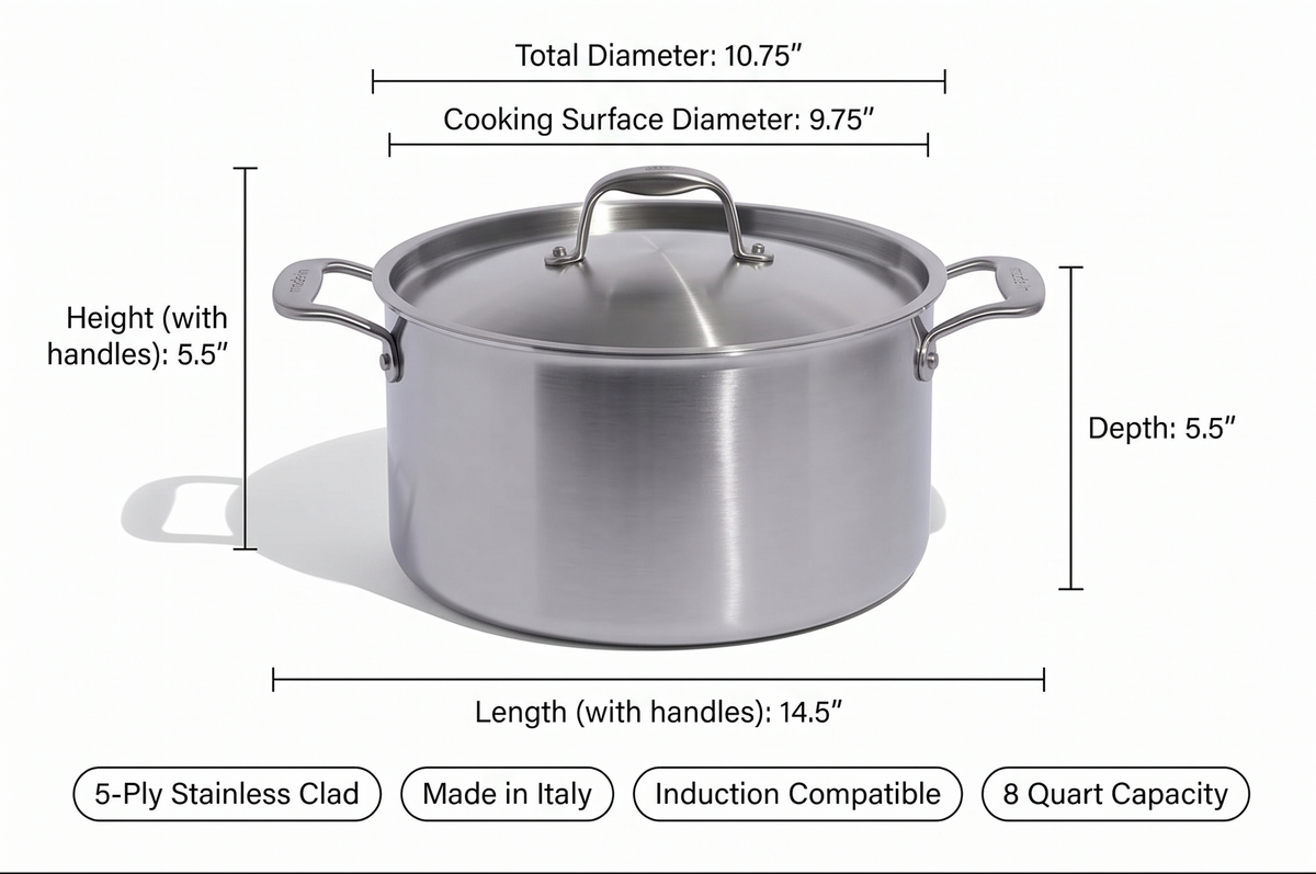 Made In Cookware - 8 Quart Stainless Steel Stock Pot With Lid - 5 Ply Stainless Clad - Professional Cookware - Crafted in Italy - Induction Compatible