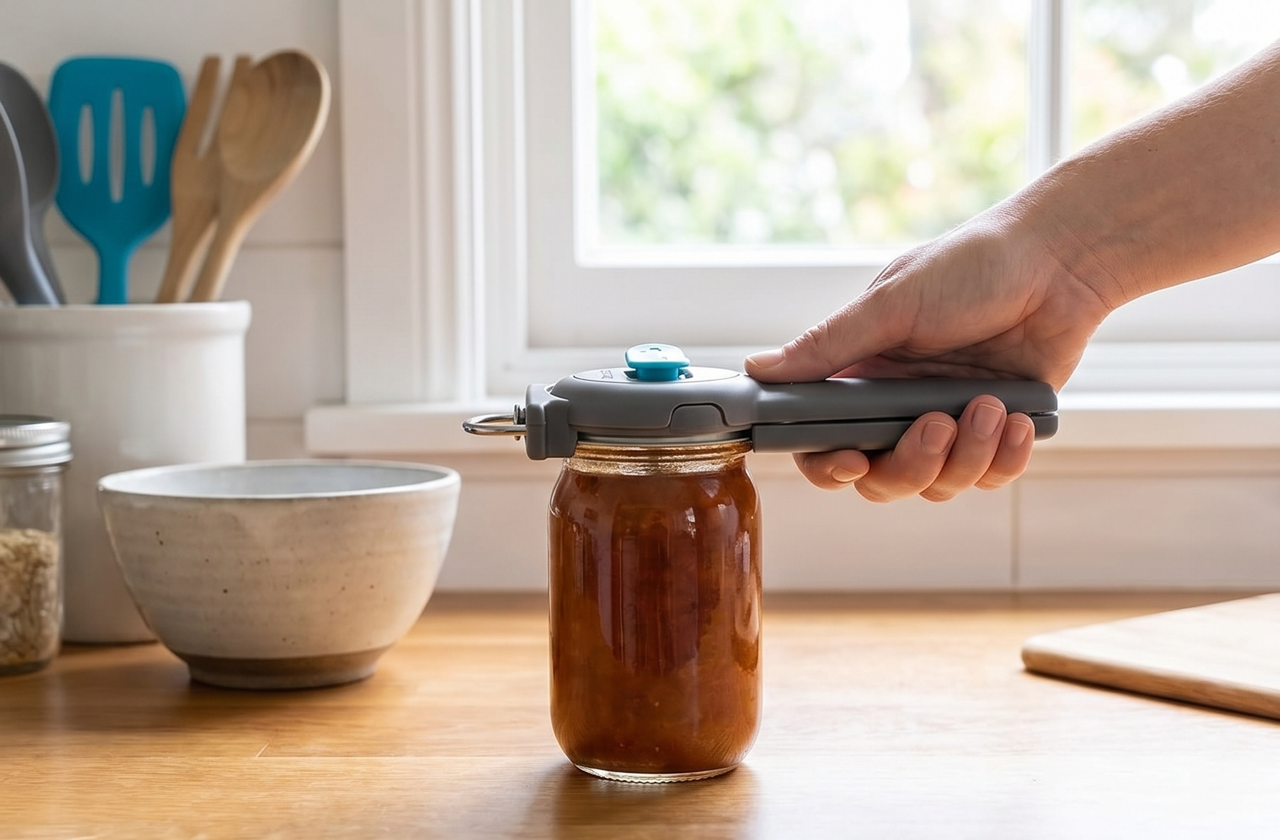 Dreamfarm Dopener 3-In-1 Ergonomic Can Opener Smoothes Can Edges for Safe Removal with Jar Lid Seal-Breaker & Can Ring Puller - Grey/Gray