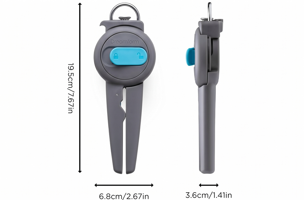 Dreamfarm Dopener 3-In-1 Ergonomic Can Opener Smoothes Can Edges for Safe Removal with Jar Lid Seal-Breaker & Can Ring Puller - Grey/Gray