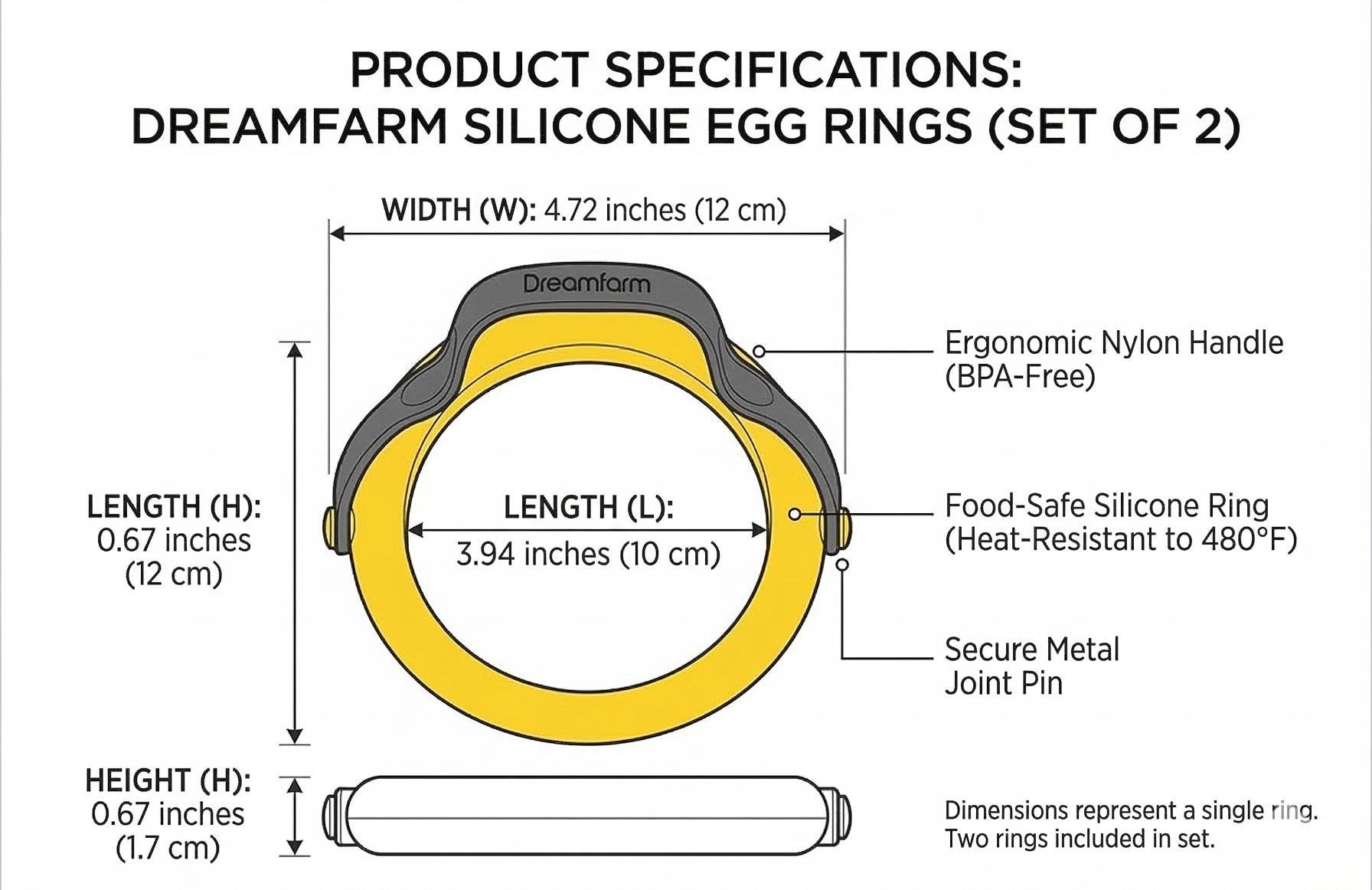 Dreamfarm Flegg 3-In-1 Flexible Silicone Egg Rings, Flippers, & Servers Safe on Non-Stick - Pack of 2, Yellow/Black