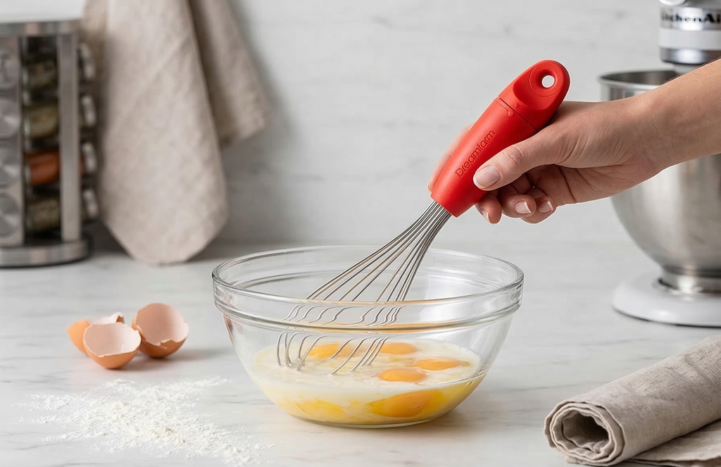 Dreamfarm Mini Flisk 3-in-1 Fold-Flat, Space-Saving Baking & Cooking Balloon Whisk, Sauce Whisk & Flat Deglazing Whisk, Stainless Steel - 9" Red