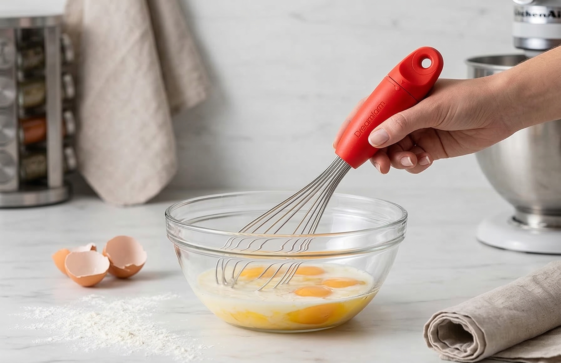 Dreamfarm Mini Flisk 3-in-1 Fold-Flat, Space-Saving Baking & Cooking Balloon Whisk, Sauce Whisk & Flat Deglazing Whisk, Stainless Steel - 9" Red