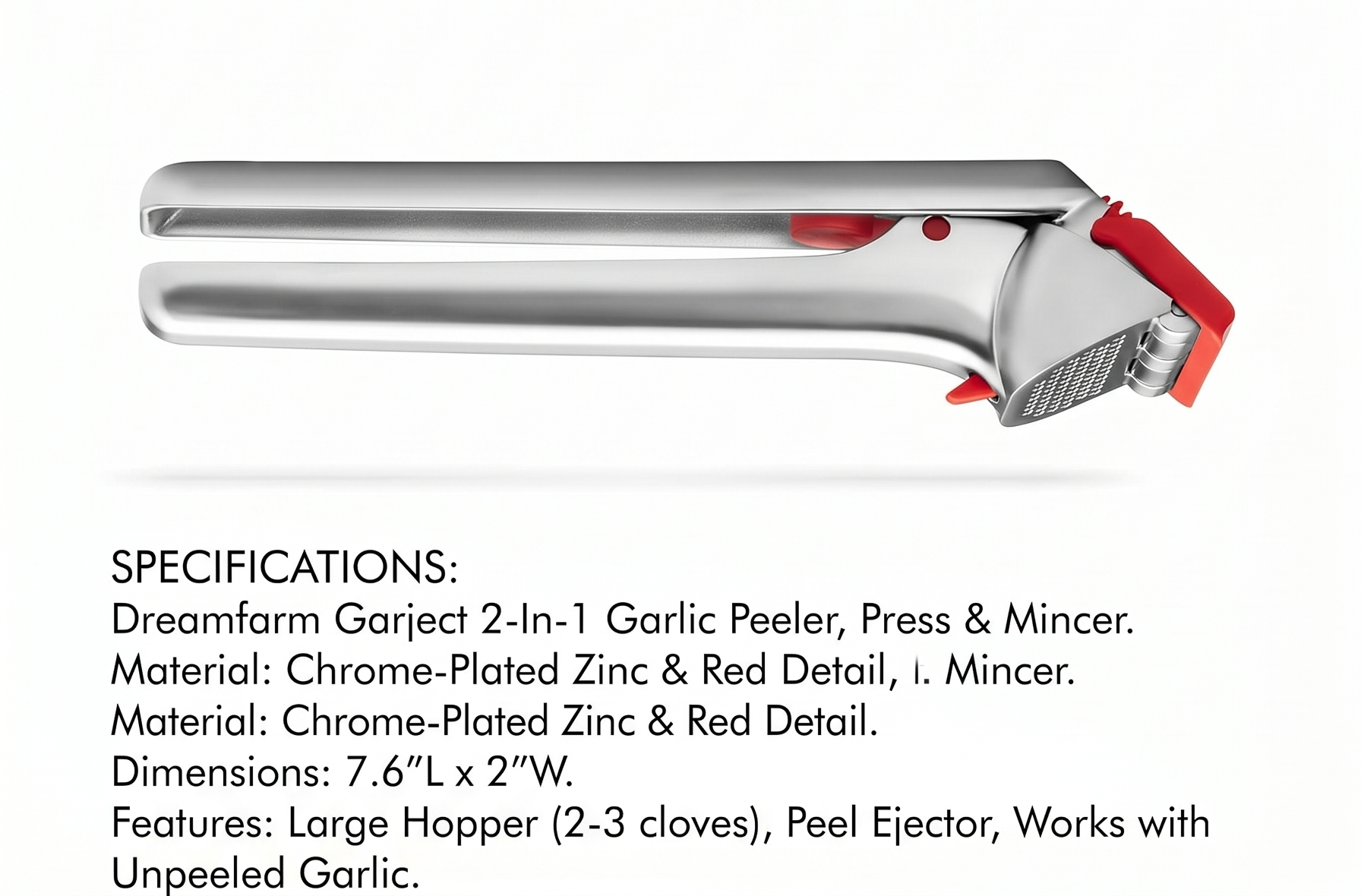 Dreamfarm Garject 2-In-1 Garlic Peeler, Garlic Press & Mincer with Garlic Peel Ejector, Chrome-Plated Zinc - Red
