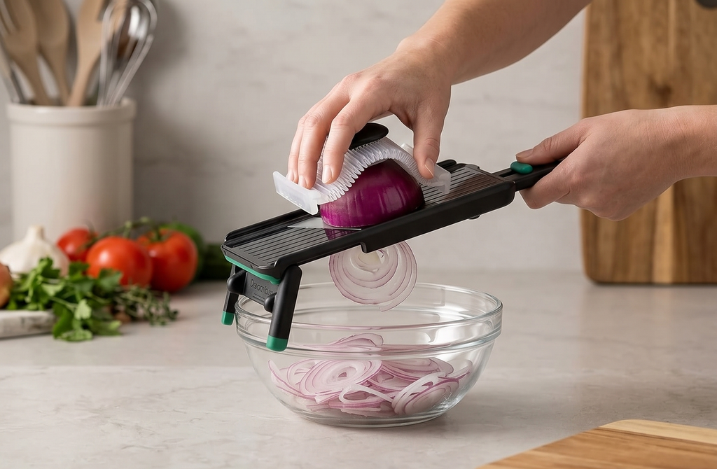 Dreamfarm Nocutu Handheld Safety Mandoline Slicer, Food Vegetable Cutter with Non-Slip Bowl Hook & Foot - Adjustable 1-3mm Slicer, Black/Green