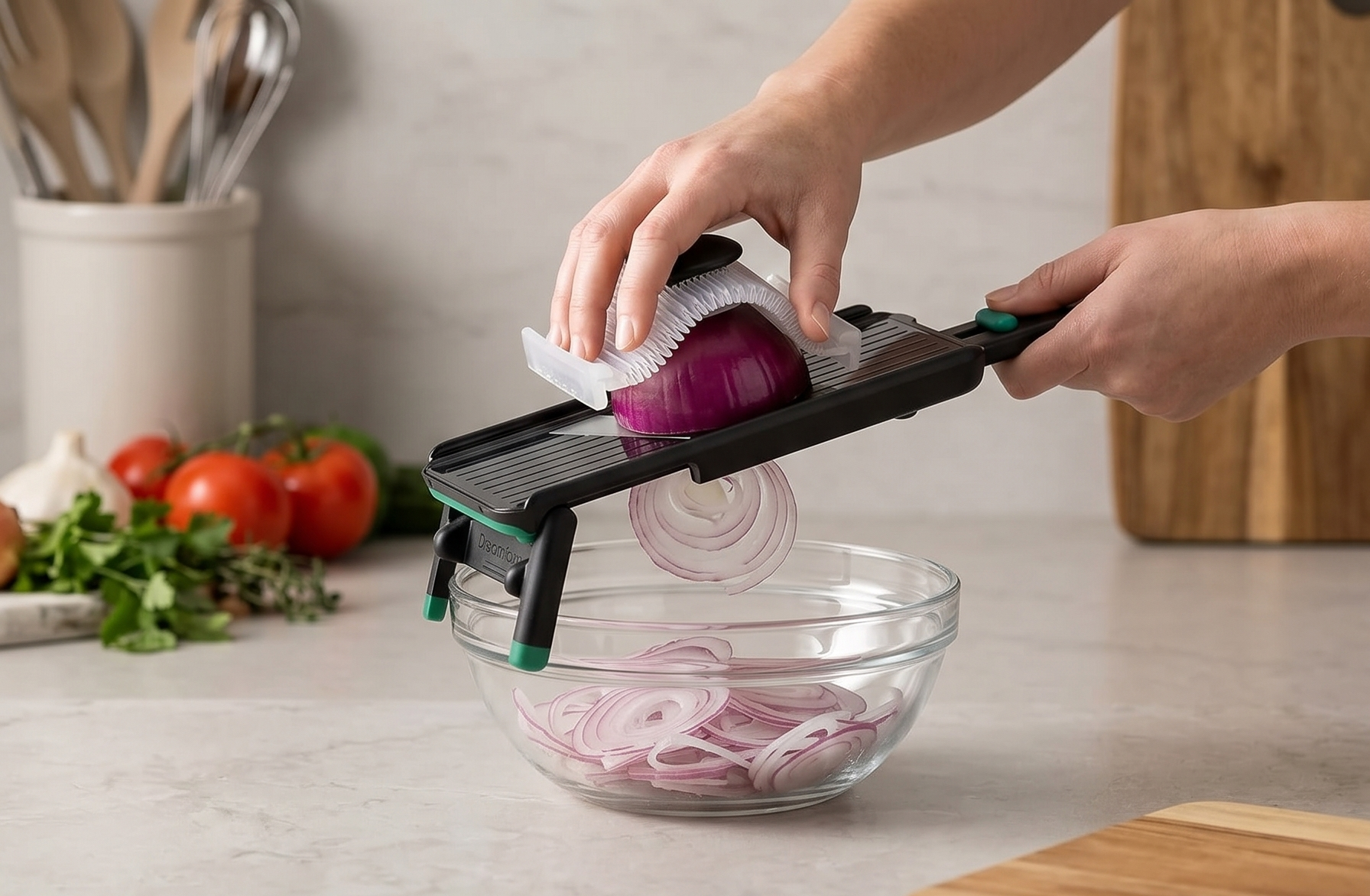 Dreamfarm Nocutu Handheld Safety Mandoline Slicer, Food Vegetable Cutter with Non-Slip Bowl Hook & Foot - Adjustable 1-3mm Slicer, Black/Green