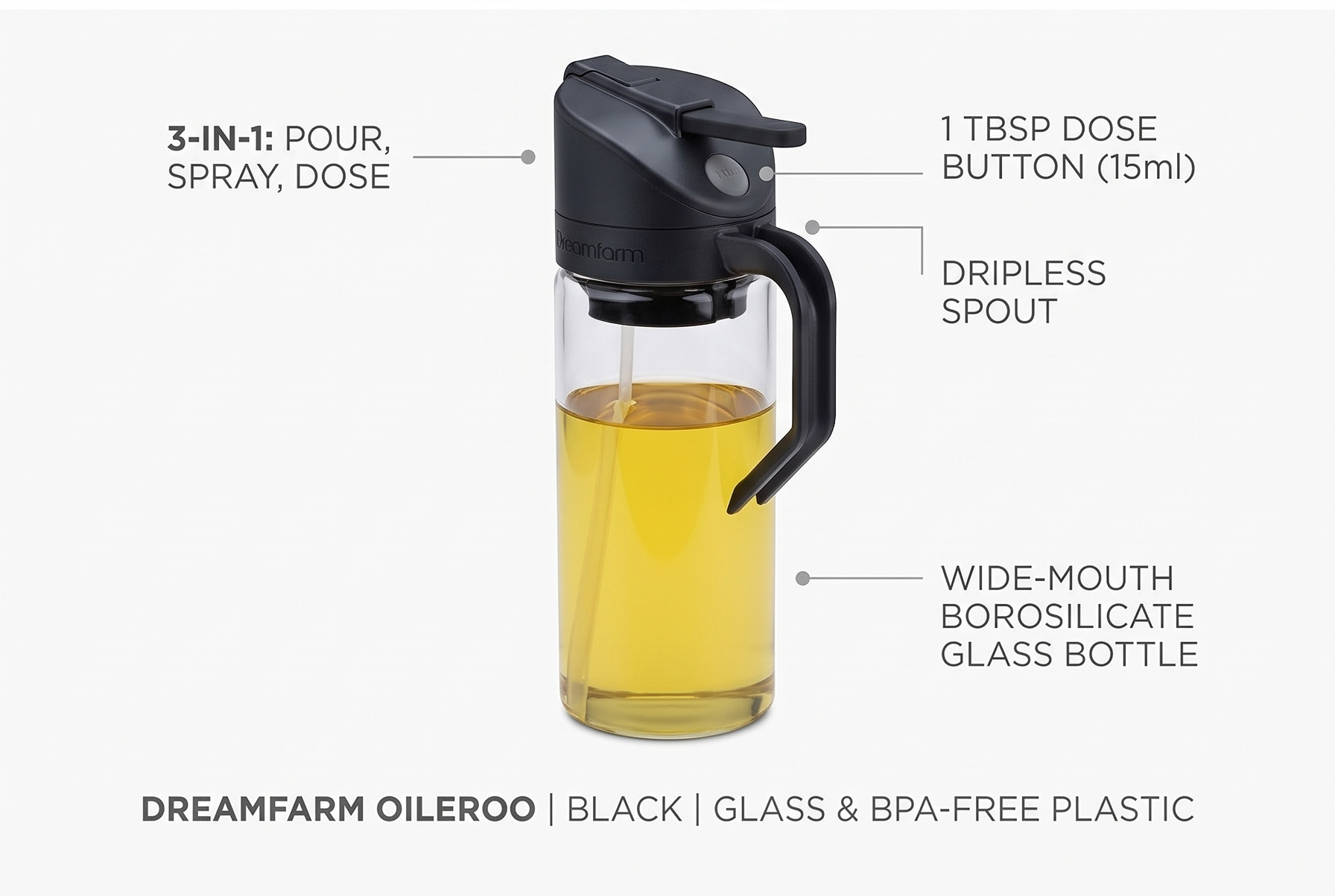 Dreamfarm Oileroo 3-In-1 Glass Oil Pourer, Sprayer & Doser - 1 Tablespoon Spray/Dose - Black