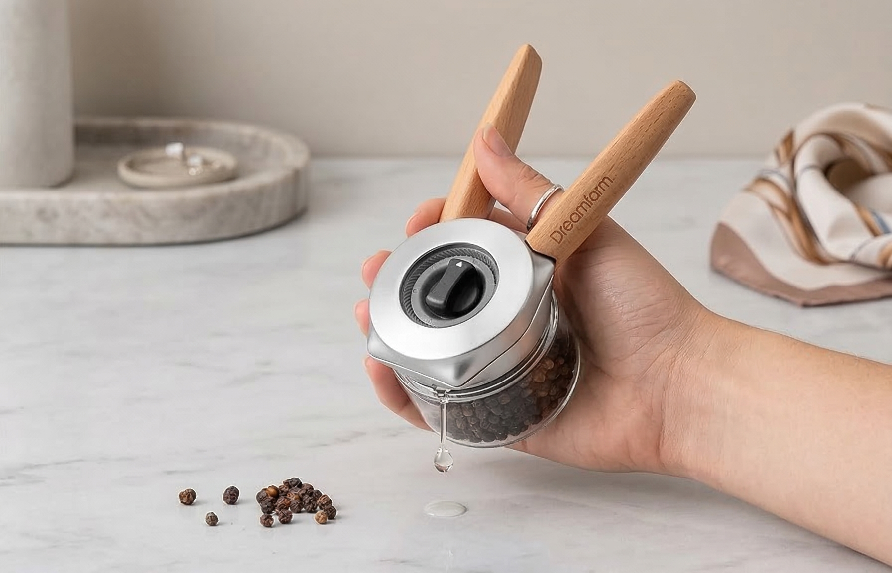Dreamfarm Ortwo Original Ergonomic 1-or-2-Handed Re-Fillable Pepper, Spice, Seed, Coffee Mill with 6 Grind Settings - 2oz Beechwood