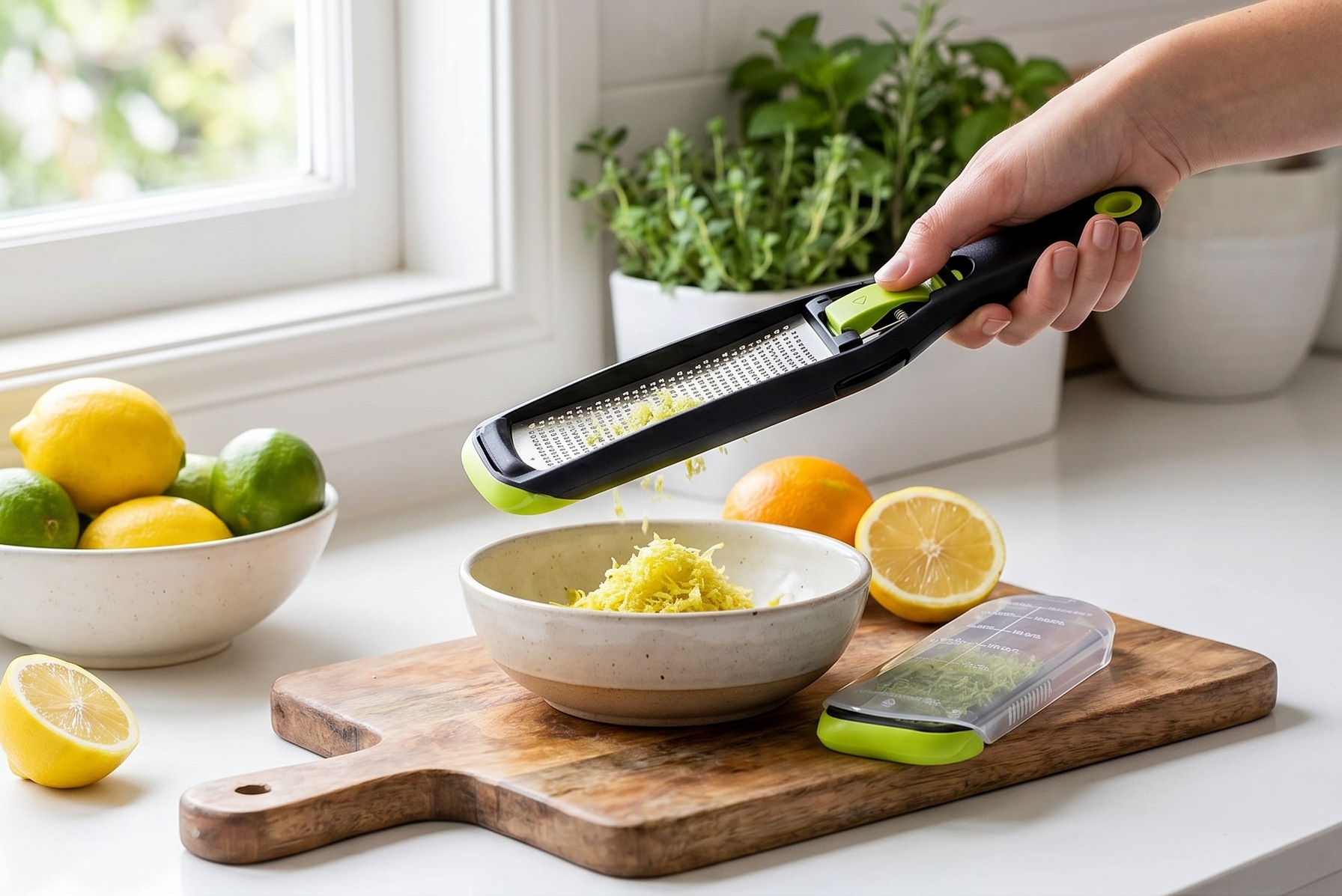 Dreamfarm Ozest Self-Cleaning POP-Button Zester for Fine, Fluffy Citrus Zest, Cheese, Nut, & Spices with Non-Slip Silicone Foot - 1mm Zester, Black/Green
