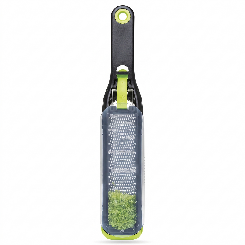 Dreamfarm Ozest Self-Cleaning POP-Button Zester for Fine, Fluffy Citrus Zest, Cheese, Nut, & Spices with Non-Slip Silicone Foot - 1mm Zester, Black/Green