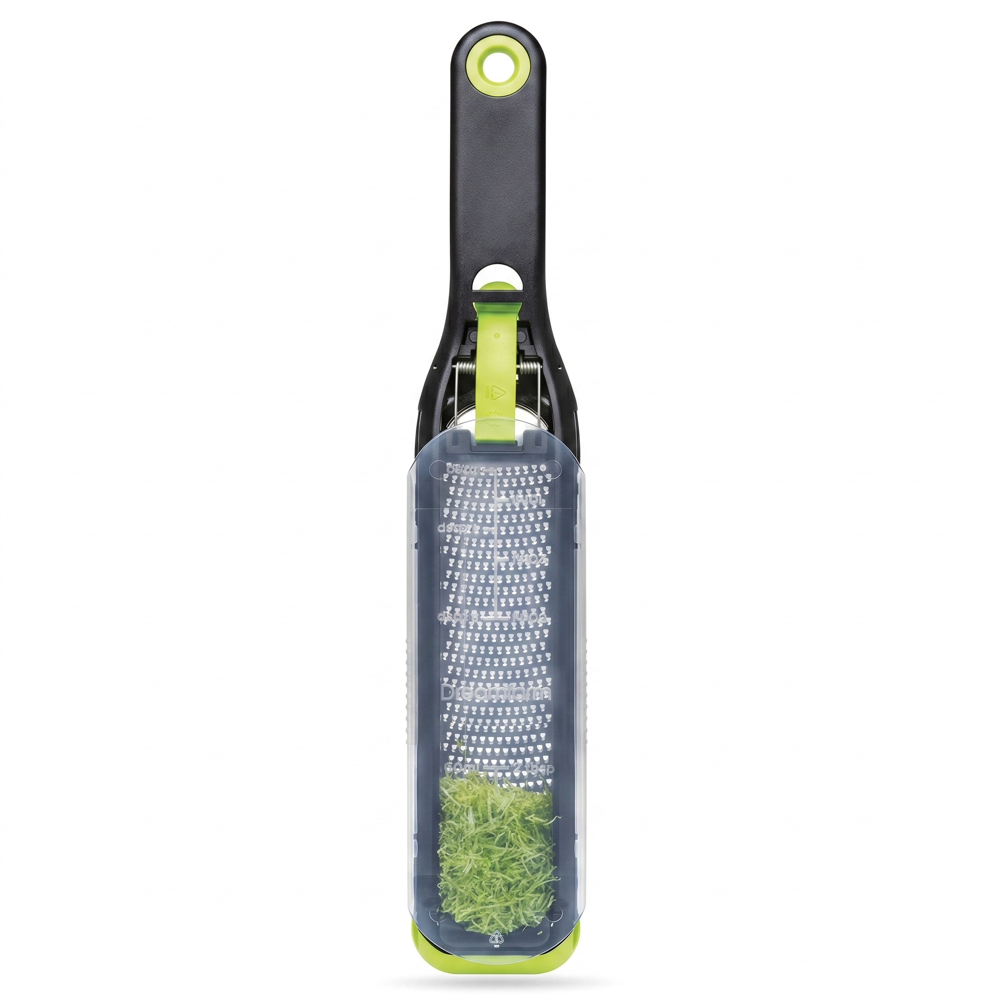 Dreamfarm Ozest Self-Cleaning POP-Button Zester for Fine, Fluffy Citrus Zest, Cheese, Nut, & Spices with Non-Slip Silicone Foot - 1mm Zester, Black/Green