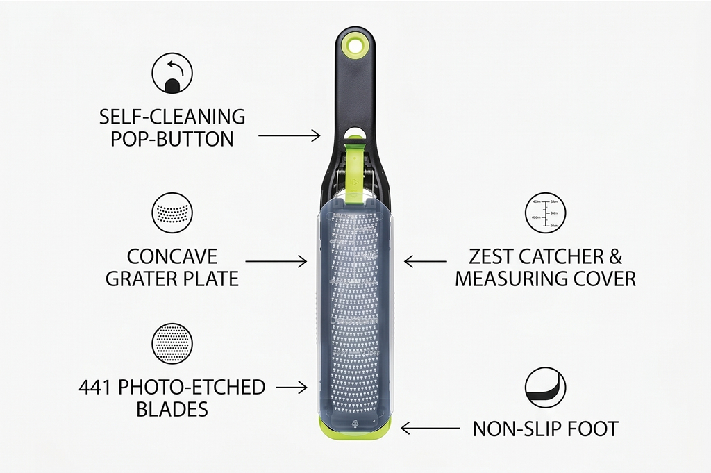 Dreamfarm Ozest Self-Cleaning POP-Button Zester for Fine, Fluffy Citrus Zest, Cheese, Nut, & Spices with Non-Slip Silicone Foot - 1mm Zester, Black/Green