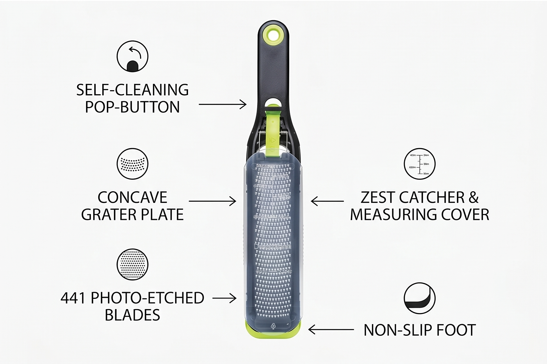 Dreamfarm Ozest Self-Cleaning POP-Button Zester for Fine, Fluffy Citrus Zest, Cheese, Nut, & Spices with Non-Slip Silicone Foot - 1mm Zester, Black/Green