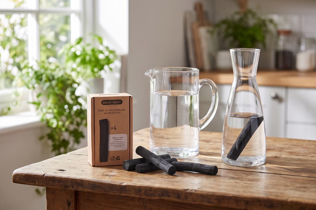 BLACK + BLUM Charcoal Water Filter Sticks | Charcoal Filter Hydration Old Japanese Tradition, Lasting 6 Months Each, Wood Black (4 Piece)
