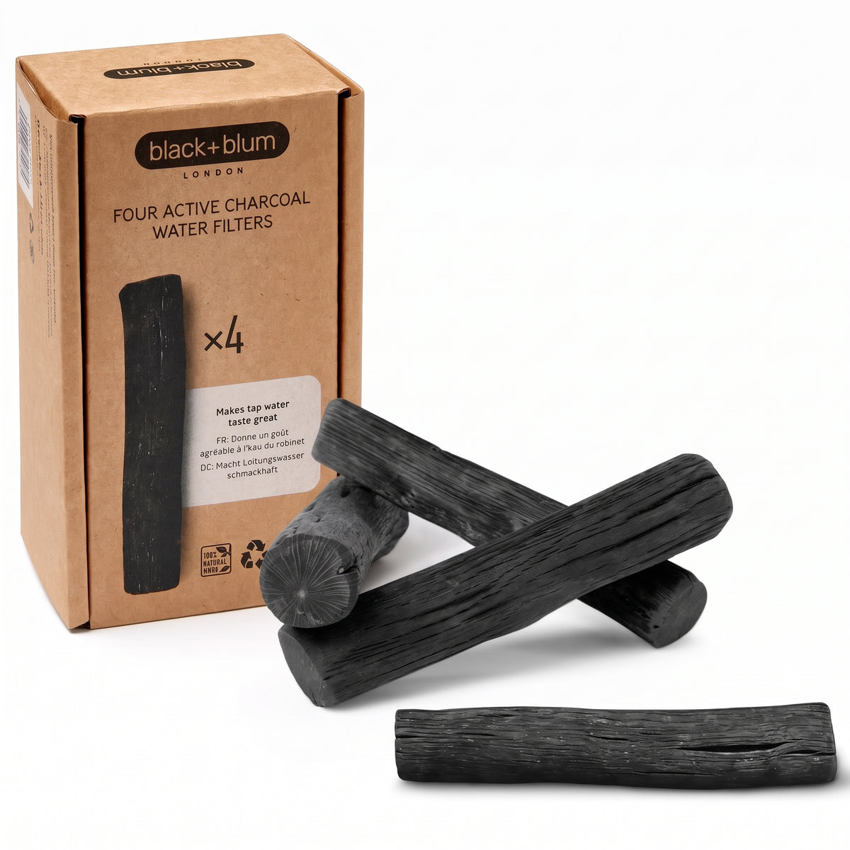 BLACK + BLUM Charcoal Water Filter Sticks | Charcoal Filter Hydration Old Japanese Tradition, Lasting 6 Months Each, Wood Black (4 Piece)