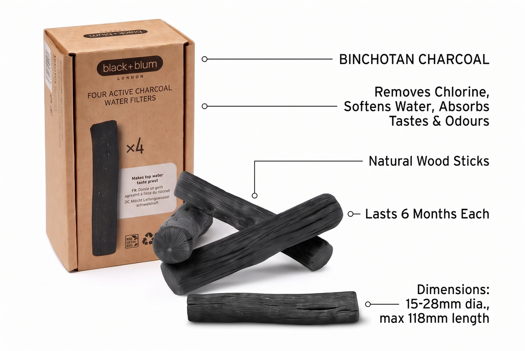 BLACK + BLUM Charcoal Water Filter Sticks | Charcoal Filter Hydration Old Japanese Tradition, Lasting 6 Months Each, Wood Black (4 Piece)