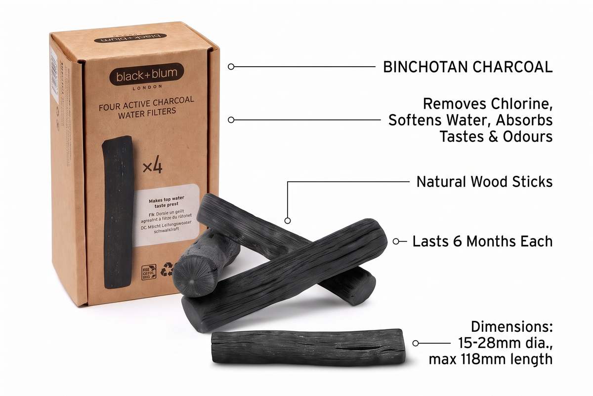 BLACK + BLUM Charcoal Water Filter Sticks | Charcoal Filter Hydration Old Japanese Tradition, Lasting 6 Months Each, Wood Black (4 Piece)