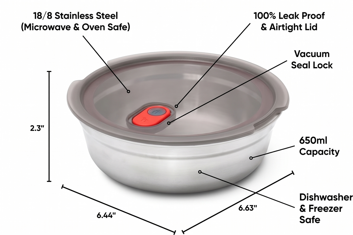 BLACK + BLUM Lunch Bowl - Reusable Meal Prep Containers for Picnic & Camping - Microwavable Stainless Steel Lunch & Dinner Food Storage Box with Leak Proof Lid - Dishwasher & Oven Safe - 650ml