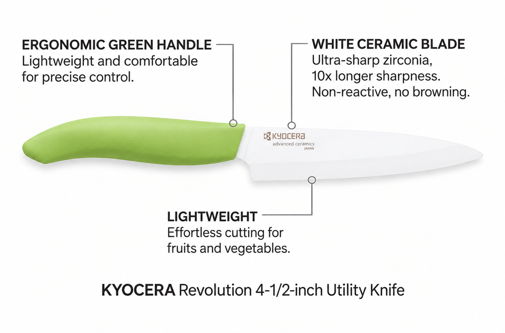 Kyocera Revolution 4-1/2-inch Utility Ceramic Knife, Green Handle, White Blade