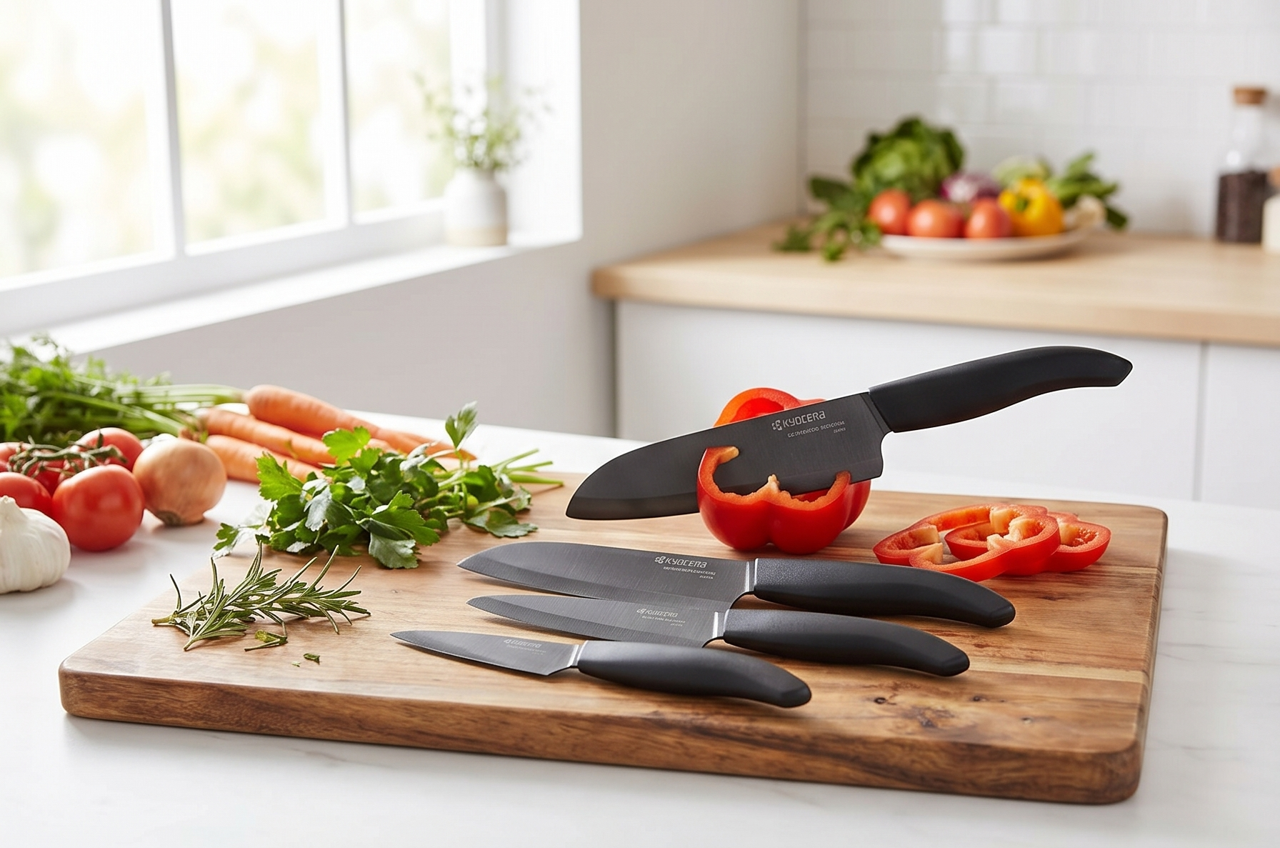 Kyocera’s Revolution 4-Piece Ceramic Knife Set: Chef Knife For Your Cooking Needs, Includes 6"Chef's Santoku, 5.5" Santoku, 4.5" Utility & 3" Paring Knives, Black