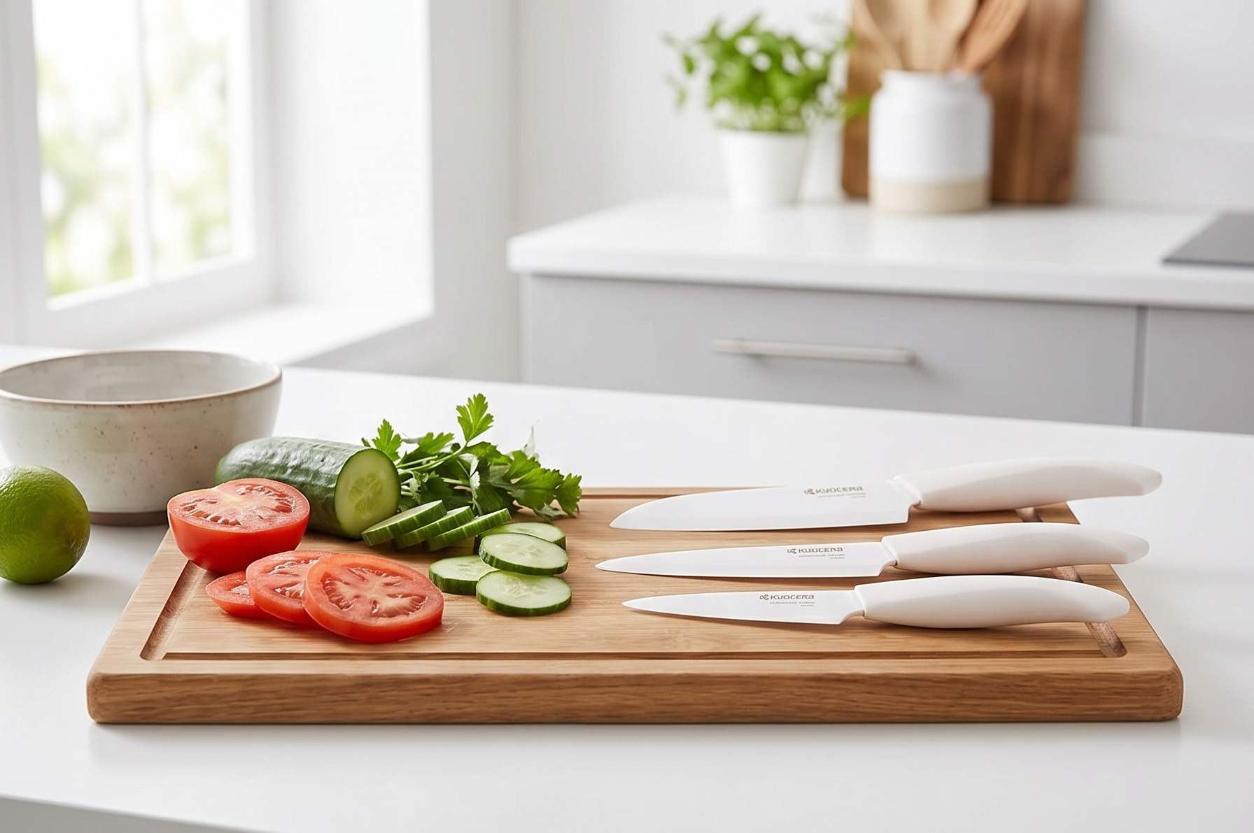 Kyocera 3Piece Advanced ceramic Revolution Series Knife Set, White, Blade Sizes: 5.5", 4.5", 3"
