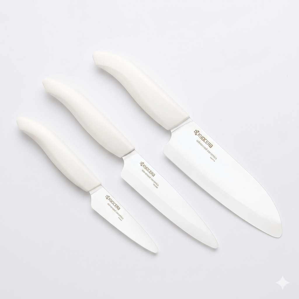 Kyocera 3Piece Advanced ceramic Revolution Series Knife Set, White, Blade Sizes: 5.5", 4.5", 3"