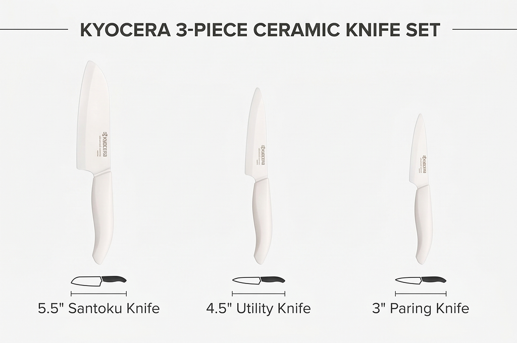 Kyocera 3Piece Advanced ceramic Revolution Series Knife Set, White, Blade Sizes: 5.5", 4.5", 3"