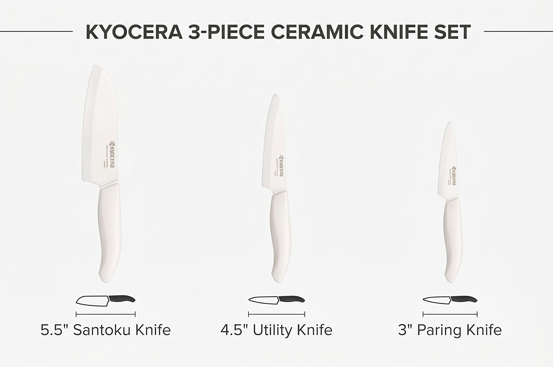 Kyocera 3Piece Advanced ceramic Revolution Series Knife Set, White, Blade Sizes: 5.5", 4.5", 3"