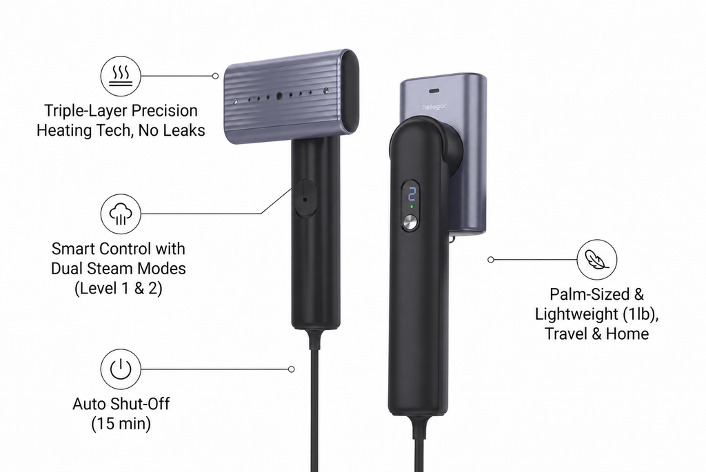 G9 Pro Smart Handheld Steamer for Clothes, Palm-Sized & Lightweight (1lb), Dual Steam Modes, Easy Wrinkle Remover, Auto Shut-Off, Travel & Home Double Use (Metal)