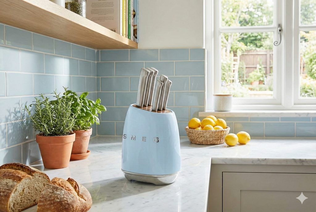Smeg Pastel Blue Stainless Steel Knife Block Set