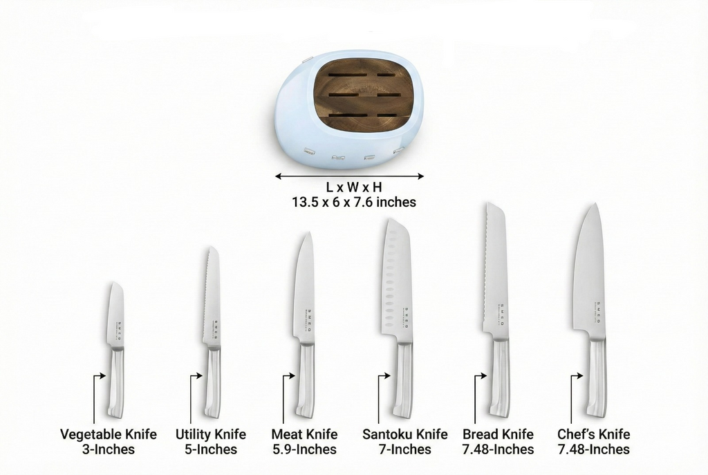Smeg Pastel Blue Stainless Steel Knife Block Set