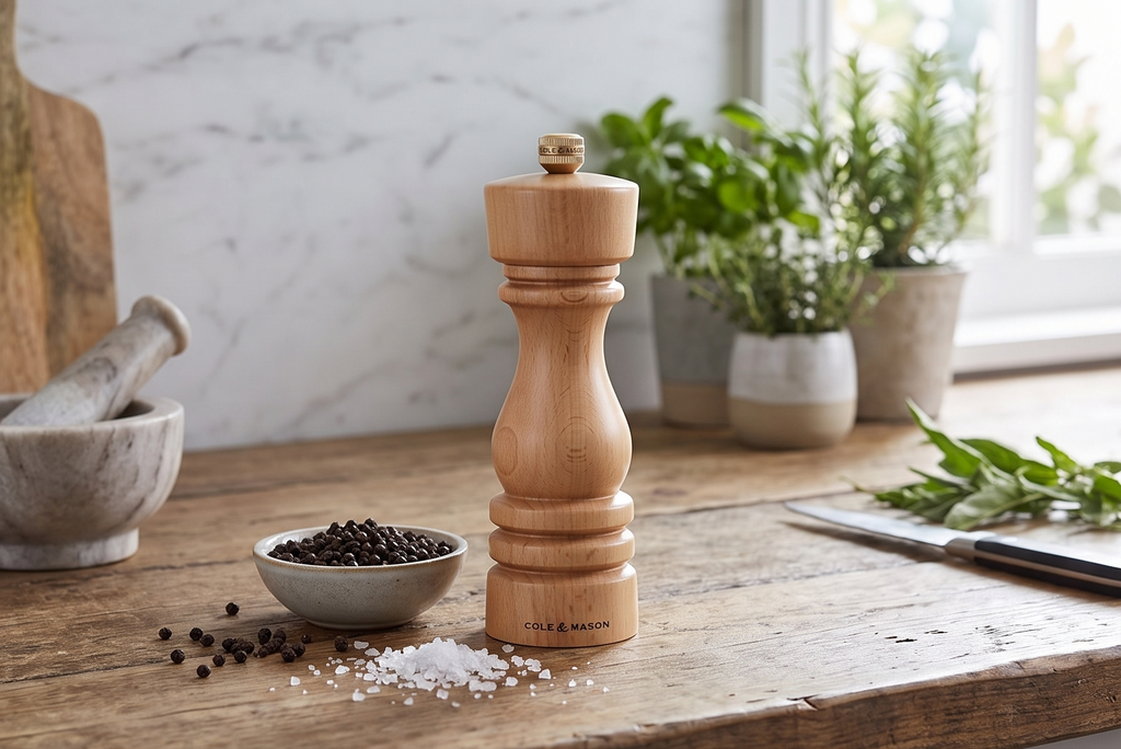 Cole & Mason London Refillable Spice Mill - Kitchen & Home Accessory - Table Black Pepper Grinder - Pepper Mill with Carbon Steel Mechanism - 7", Natural Beech