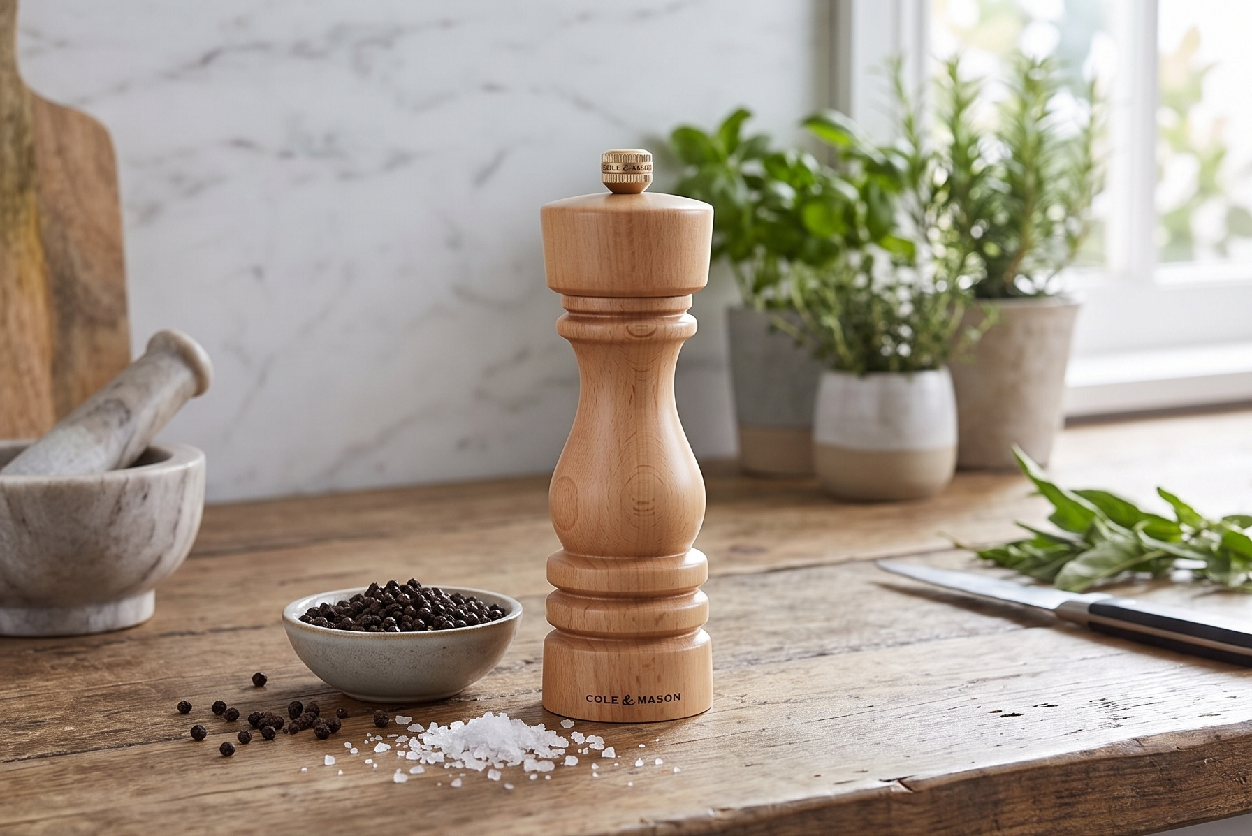 Cole & Mason London Refillable Spice Mill - Kitchen & Home Accessory - Table Black Pepper Grinder - Pepper Mill with Carbon Steel Mechanism - 7", Natural Beech