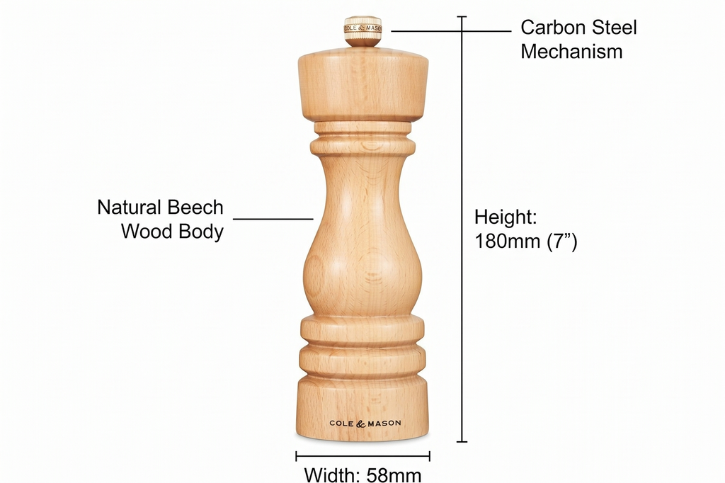 Cole & Mason London Refillable Spice Mill - Kitchen & Home Accessory - Table Black Pepper Grinder - Pepper Mill with Carbon Steel Mechanism - 7", Natural Beech