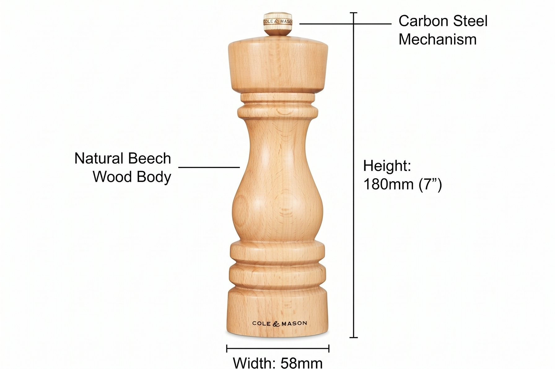 Cole & Mason London Refillable Spice Mill - Kitchen & Home Accessory - Table Black Pepper Grinder - Pepper Mill with Carbon Steel Mechanism - 7", Natural Beech