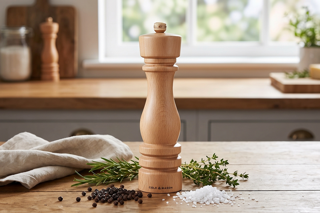 Cole & Mason London Refillable Spice Mill - Kitchen & Home Accessory - Table Black Pepper Grinder - Pepper Mill with Carbon Steel Mechanism - 8", Natural Beech