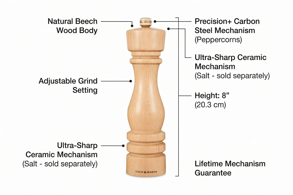 Cole & Mason London Refillable Spice Mill - Kitchen & Home Accessory - Table Black Pepper Grinder - Pepper Mill with Carbon Steel Mechanism - 8", Natural Beech