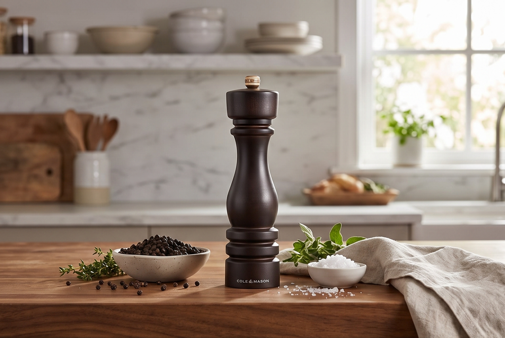 Cole & Mason London Refillable Spice Mill - Kitchen & Home Accessory - Table Black Pepper Grinder - Pepper Mill with Carbon Steel Mechanism - 8", Chocolate Wood
