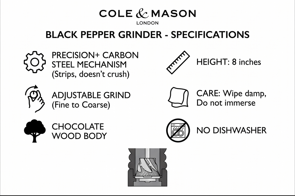 Cole & Mason London Refillable Spice Mill - Kitchen & Home Accessory - Table Black Pepper Grinder - Pepper Mill with Carbon Steel Mechanism - 8", Chocolate Wood