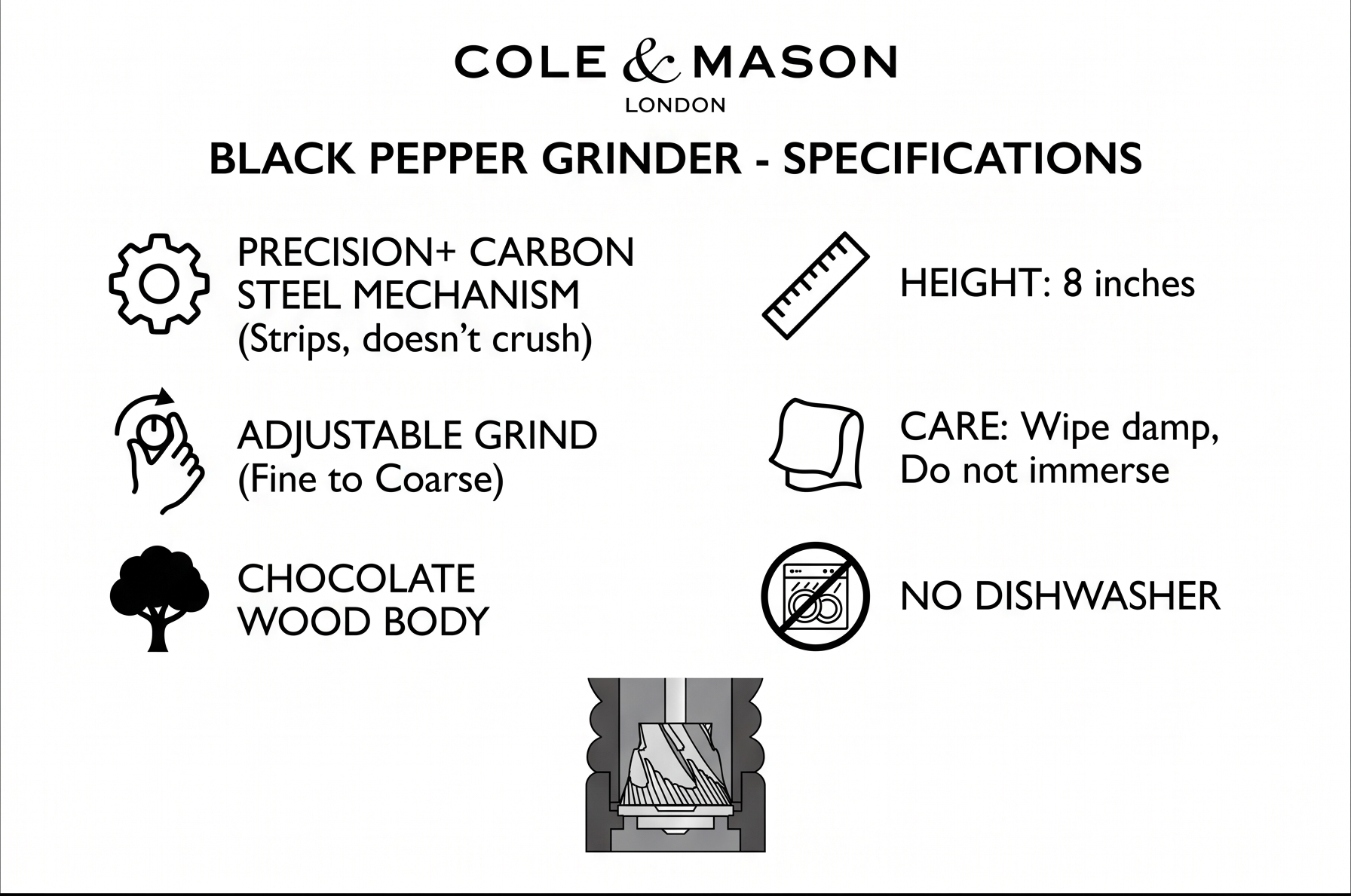 Cole & Mason London Refillable Spice Mill - Kitchen & Home Accessory - Table Black Pepper Grinder - Pepper Mill with Carbon Steel Mechanism - 8", Chocolate Wood