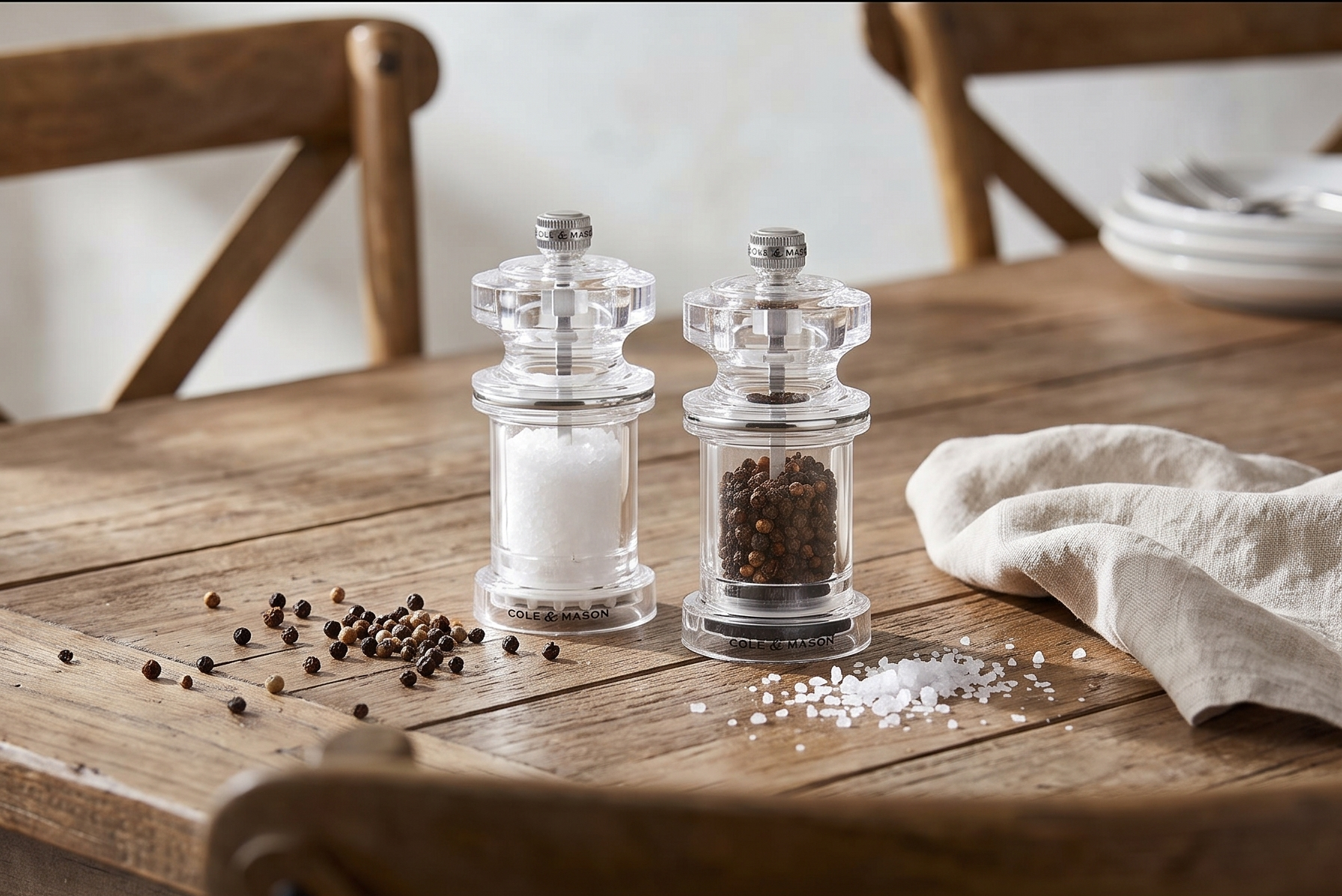 Cole & Mason 675 Refillable Spice Mill - Kitchen & Home Accessory - Salt & Pepper Grinder Set - Salt & Peppercorn Included - Acrylic - Salt & Pepper Set 4.5"