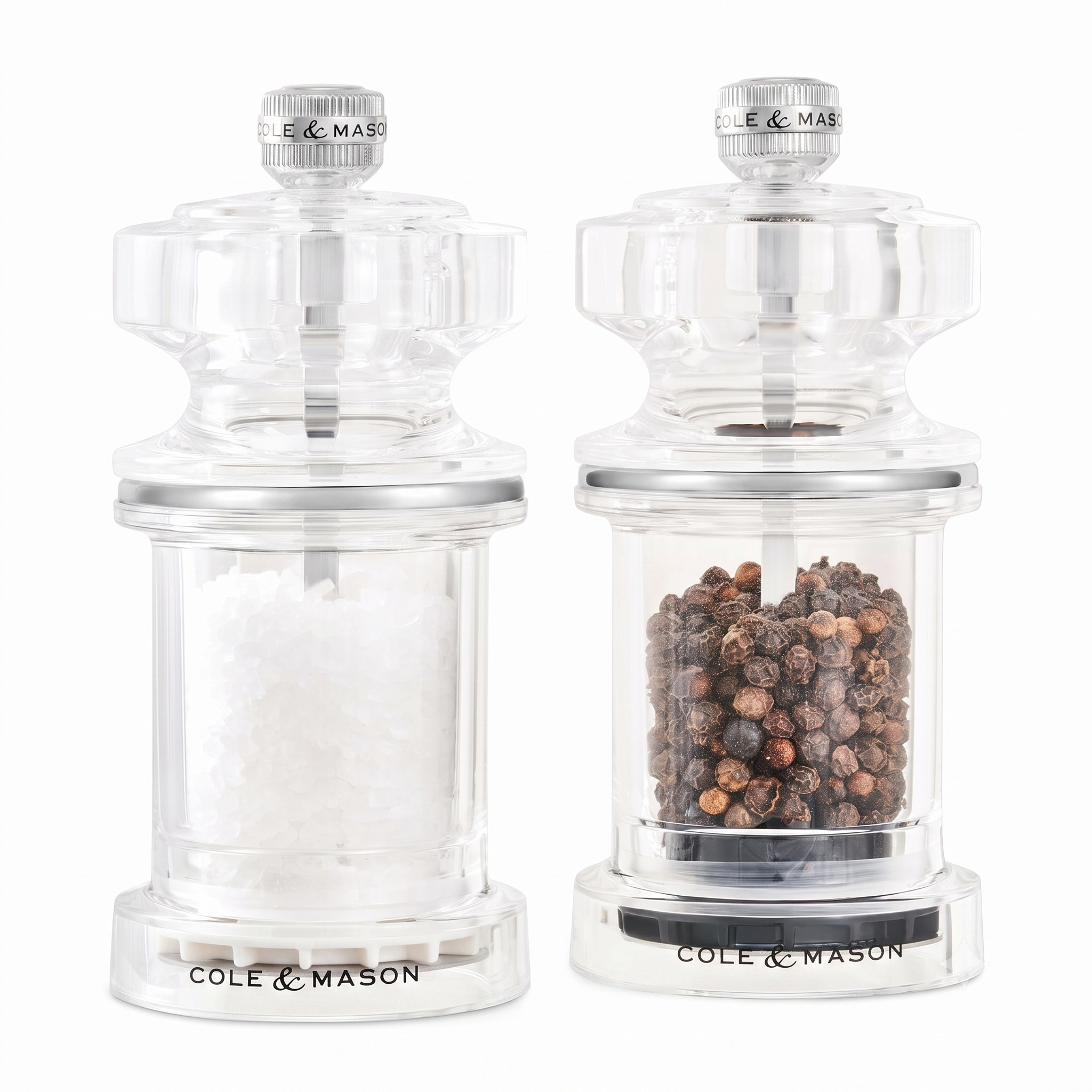 Cole & Mason 675 Refillable Spice Mill - Kitchen & Home Accessory - Salt & Pepper Grinder Set - Salt & Peppercorn Included - Acrylic - Salt & Pepper Set 4.5"